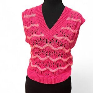 ZARA Bright Pink Wave-Patterned Crochet Cropped Vest Size S